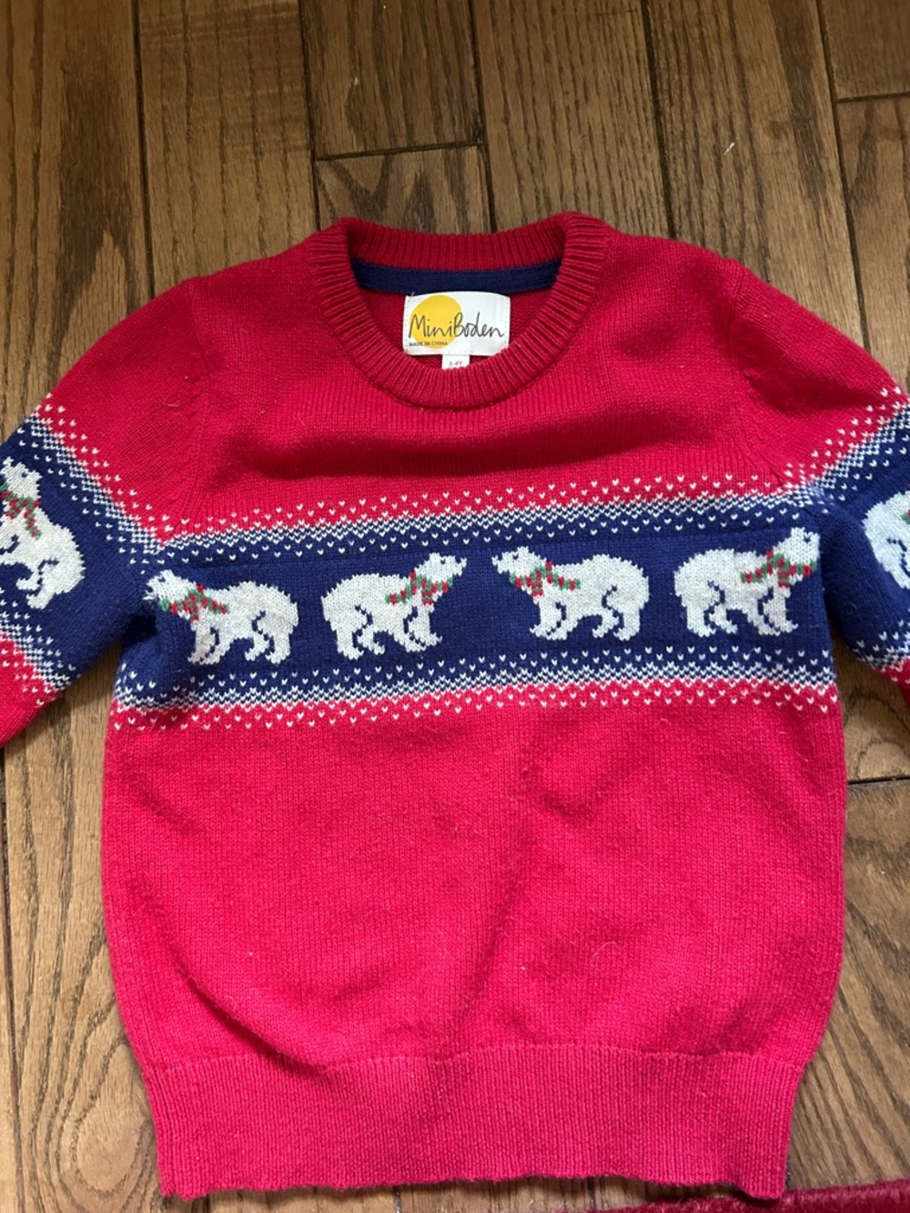 Mini Boden Red Crewneck Sweater with Navy Fair Isle Polar Bears